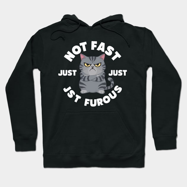 The image features a grumpy-looking cat with the text “NOT FAST JUST FURIOUS” surrounding it (4) Hoodie by YolandaRoberts